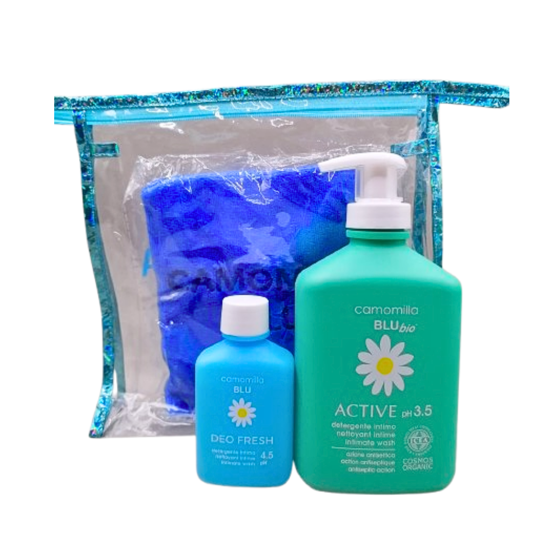 Camomilla-Blu-Active-ph3.5-Nett-IntimeGel-Intim-EchServiette-Trousse-2 Camomilla Blu Active ph3.5 Nettoyant Intime+Gel Intim Echantillon+Serviette Trousse – Image 1