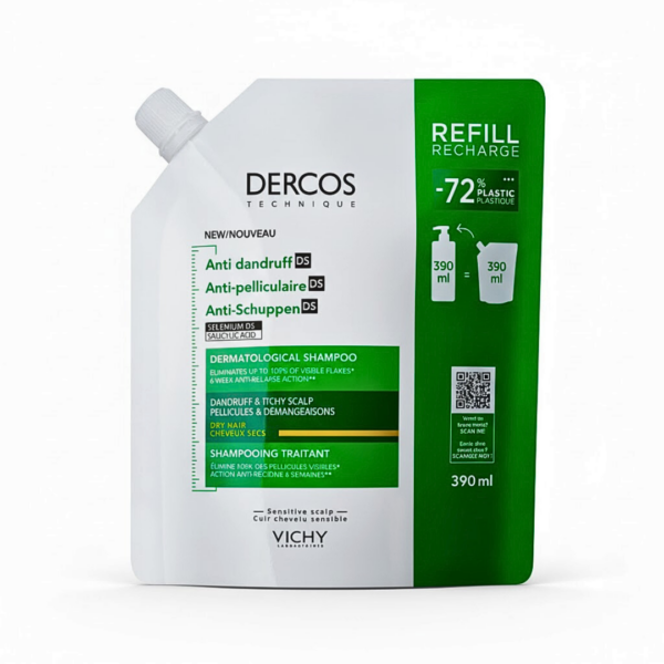 Dercos Shampoing Anti-Pelliculaire Cheveux Secs Refill Recharge 390ml